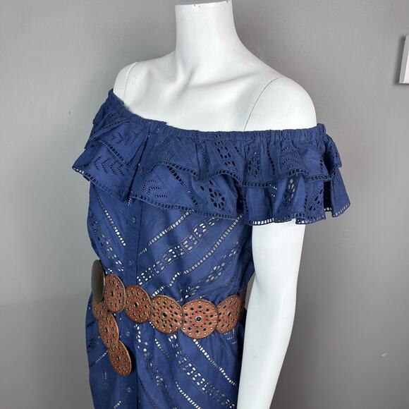 Boston Proper dress Medium western blue maxi off shoulder eyelet boho NWT - Picture 4 of 15
